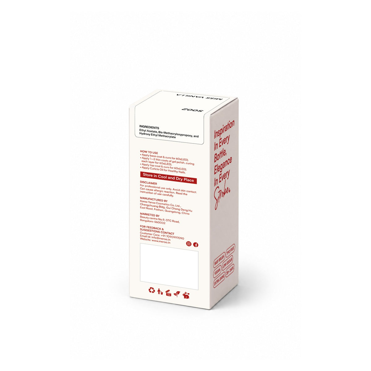 MEROO Miss Vanilla S002 packaging back and label instructions