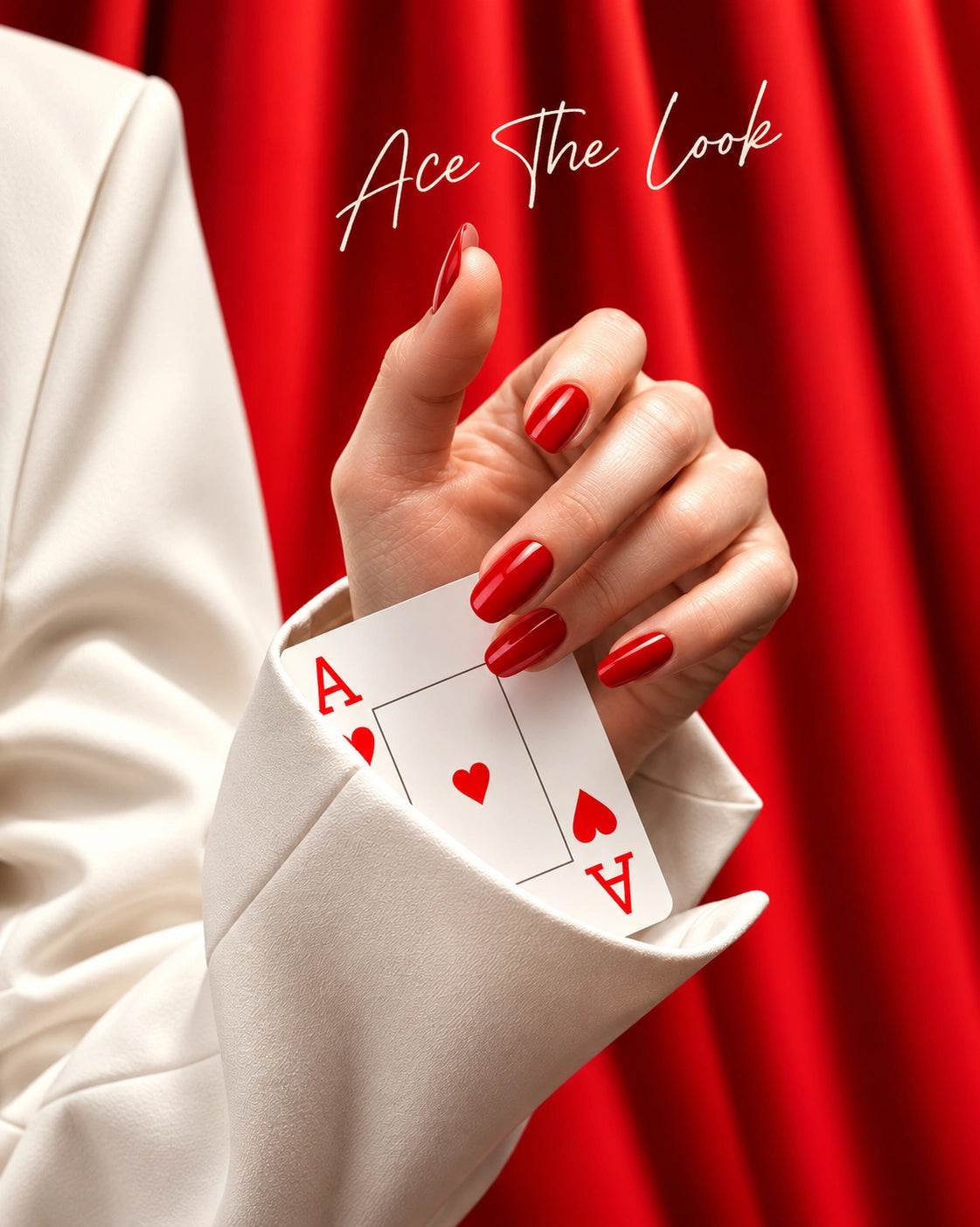 Red manicure holding an Ace card | MEROO Ace The Look