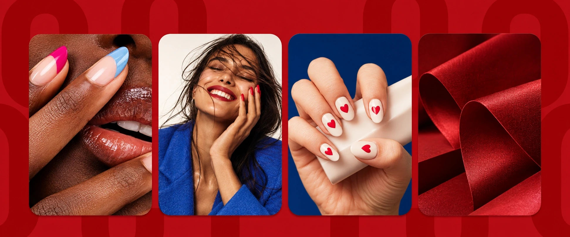 MEROO colour stories: expressive manicures, a joyful portrait, heart nail art and rich red textures