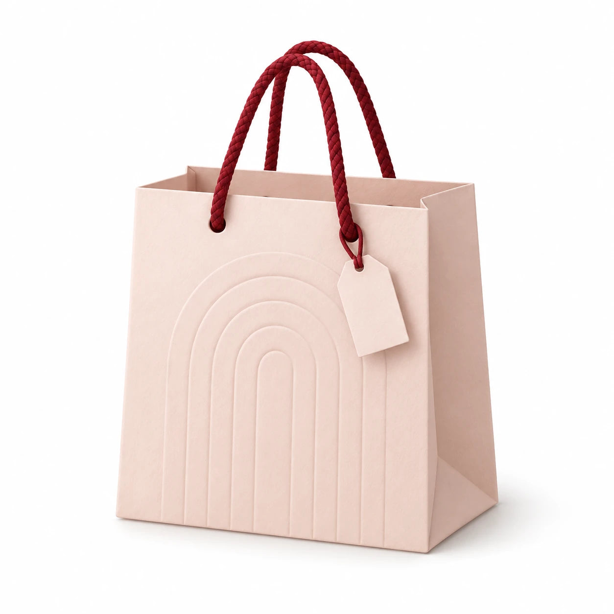 An empty blush shopping bag with burgundy handles