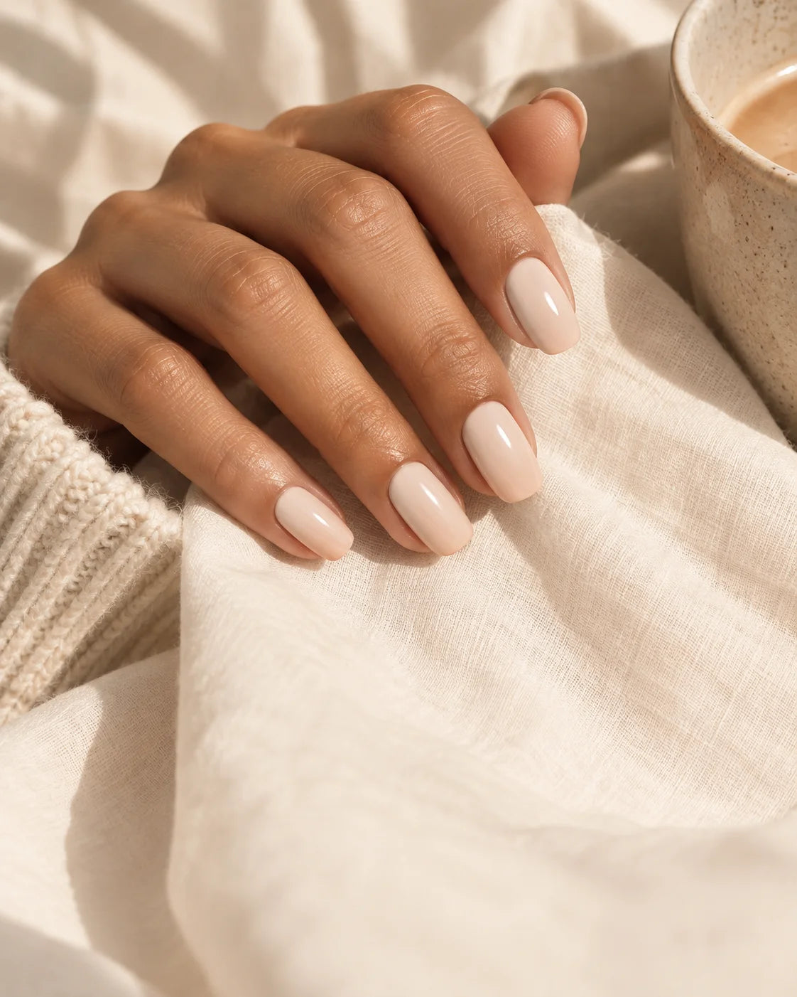 Soft nude manicure on ivory fabric